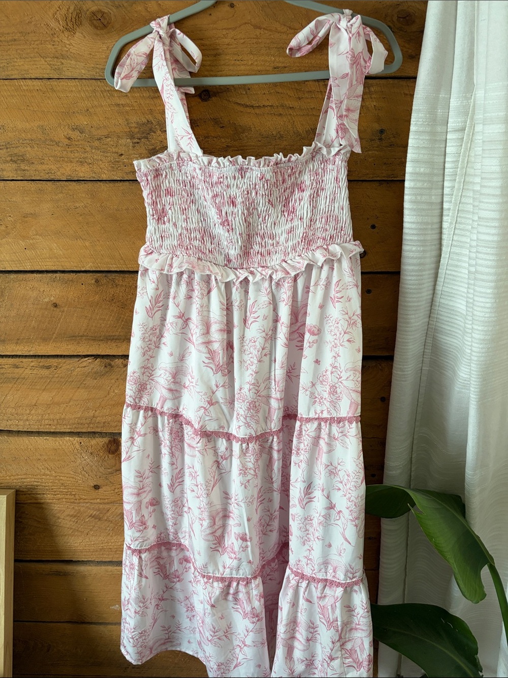 SHEIN Pink Floral Tie-Shoulder Smocked Maxi Dress